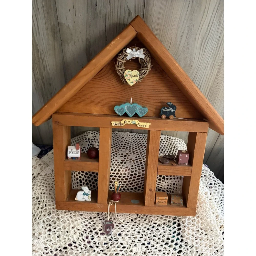 Vintage Wooden House Shadow Box Wall Shelf Country Farmhouse Decor Miniatures